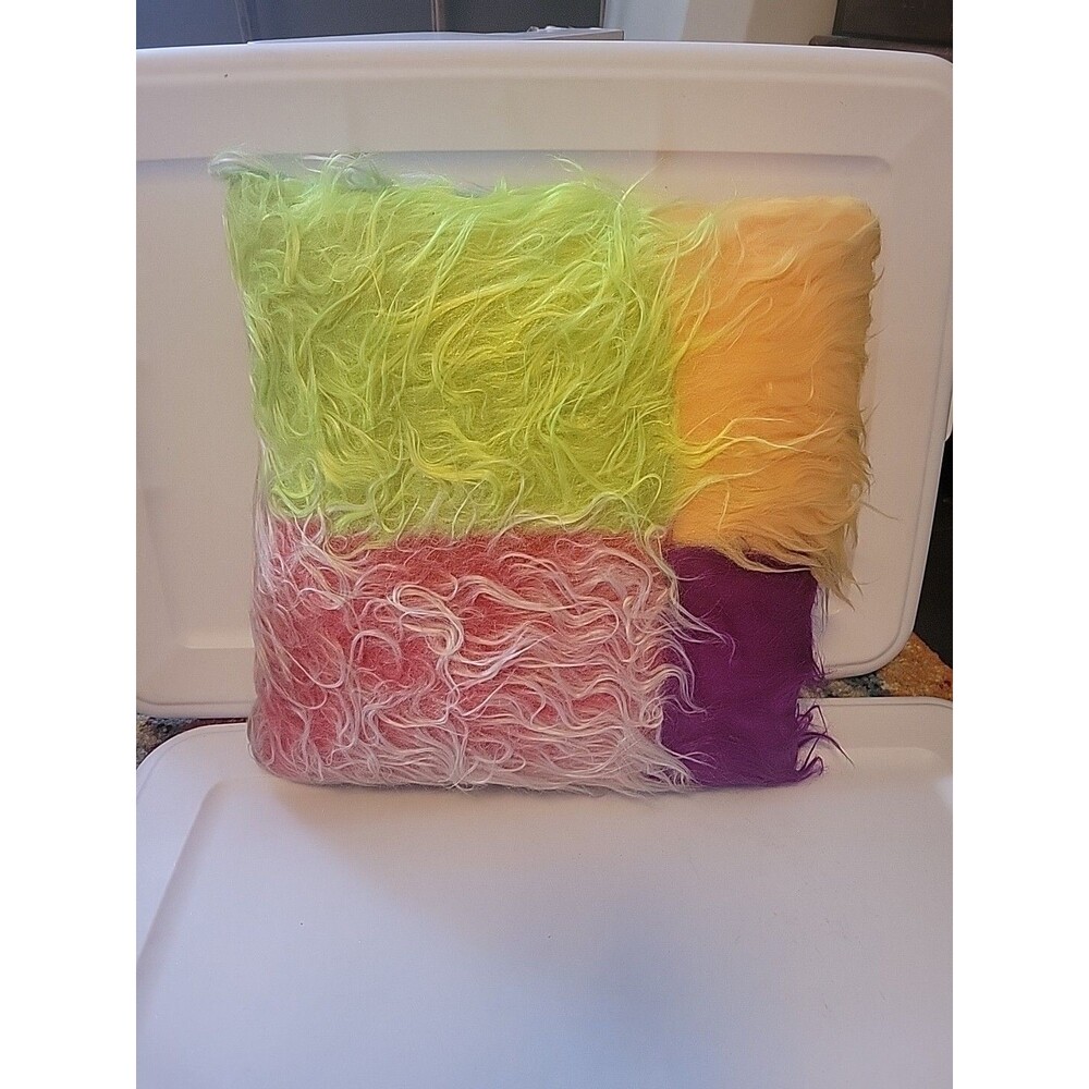 Vintage Rainbow Faux Fur Pillow 14x14 Handmade? Unique Bright Happy Spring